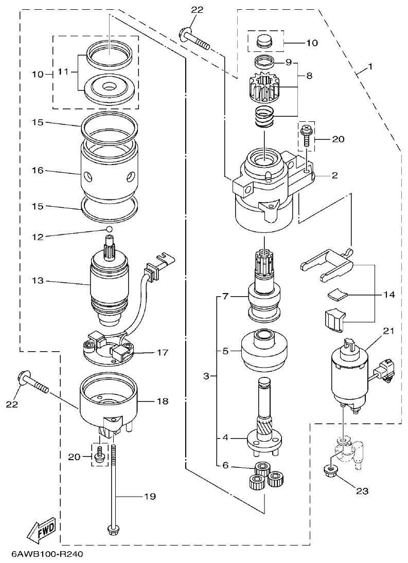 Yamaha 20, F350NCC2 STARTING MOTOR parts diagram